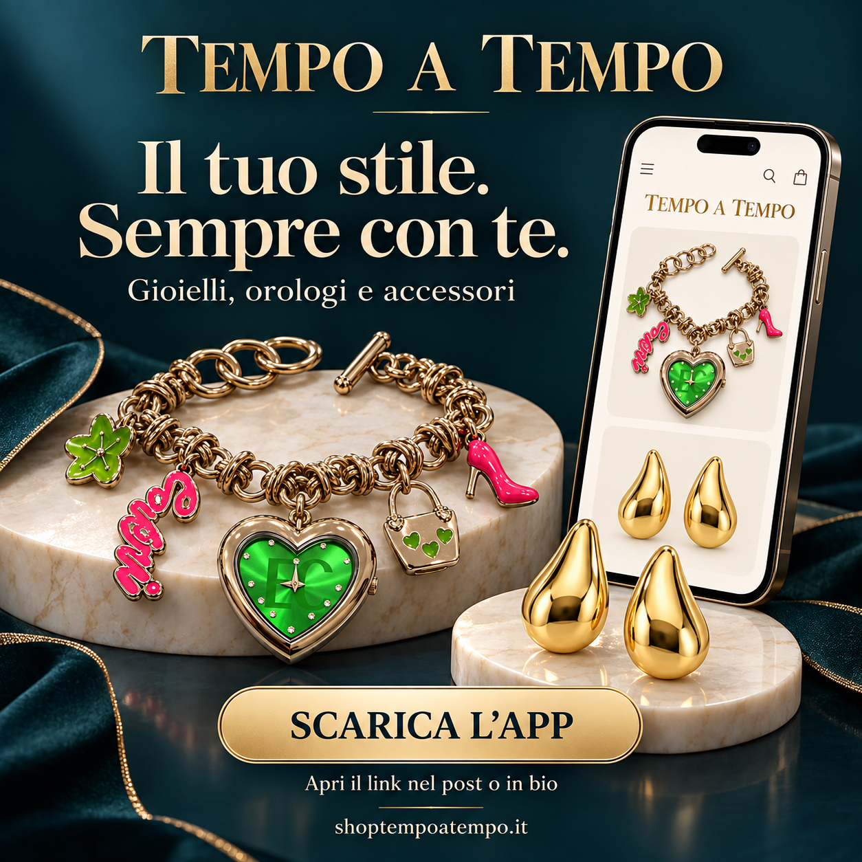 Tempo a Tempo. Il tuo stile, sempre con te. Orologio a cuore verde con charm e orecchini dorati a goccia.